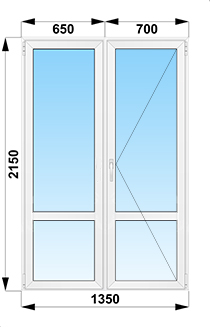 Полуторная балконная дверь стеклянная  с импостом 1350x2150